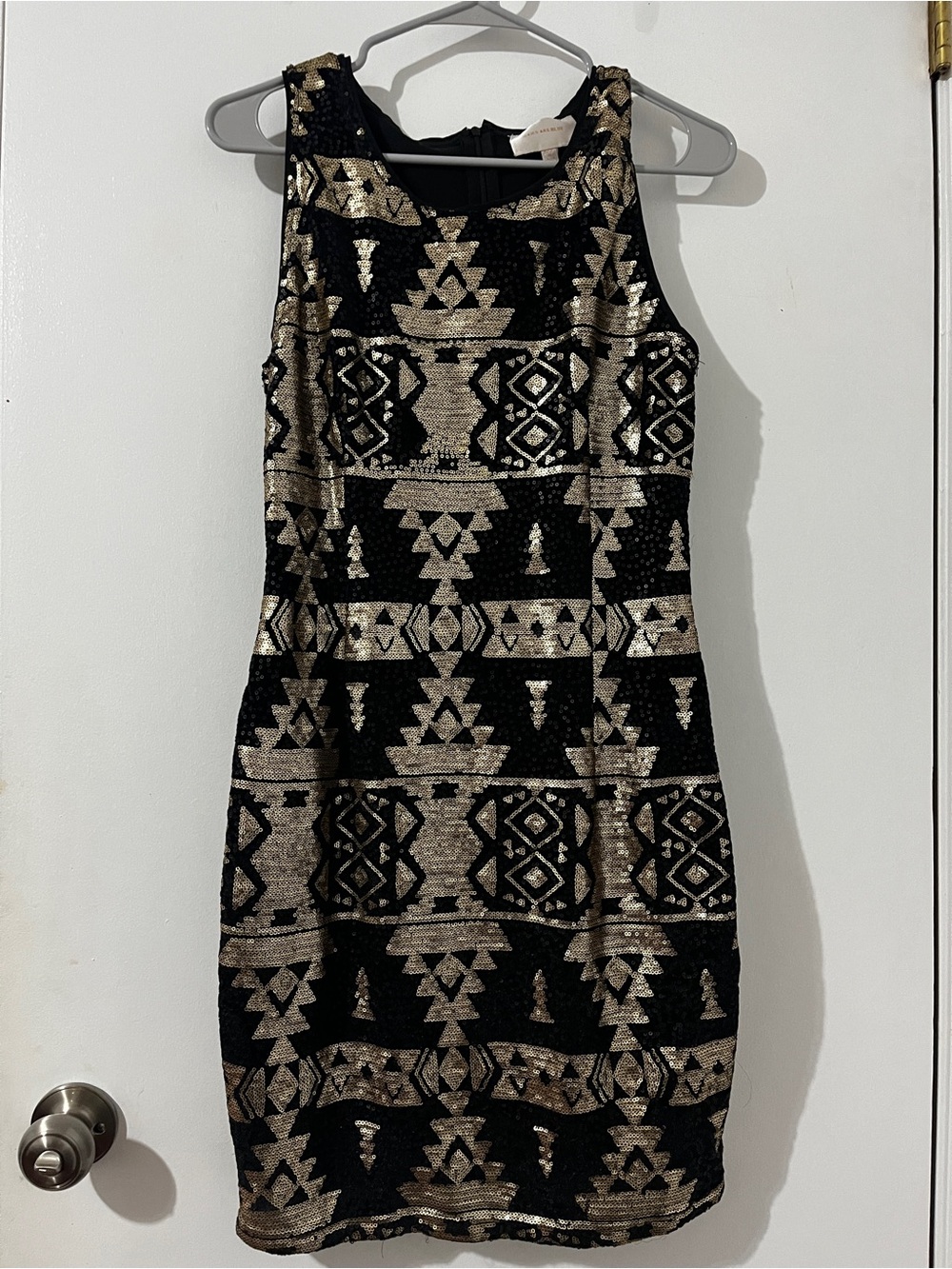 Skies Are Blue Black and Gold Sequin Patterned Mini Dress